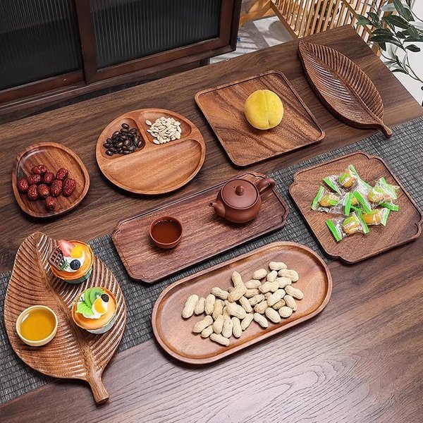 Walnut Wood Rectangular Serving Tray – Japanese Style Tea Ceremony Plate For Cups Fruits Desserts & Hotel Dining (Elegant Wooden Tableware)-image