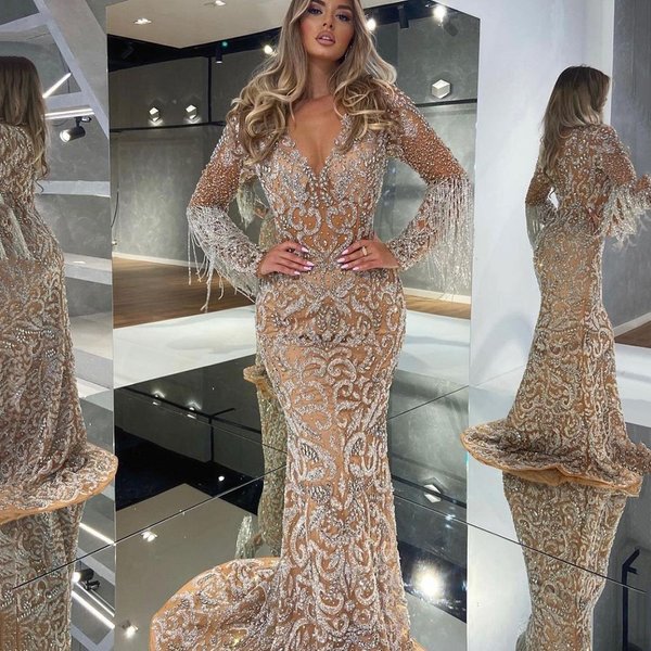 Women's Clothing Spring New Women's Evening Dress Female Fishtail Sprinkle Gold Tassel Elegant Sexy Long Dress-image