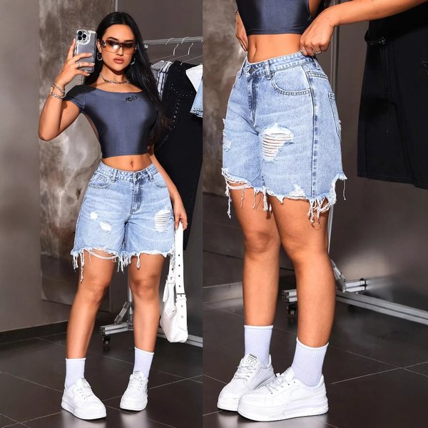 2026 Cross-Border European And American Summer New Street Style High-Waisted Ripped Raw Edge Hot Girl Denim Shorts For-image