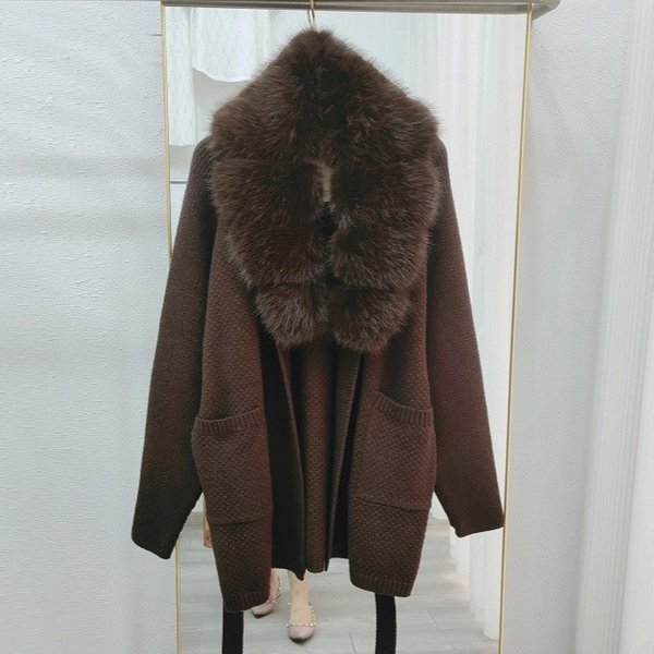 Women's Clothingluxury Women's Knit Cardigan With Faux Fox Fur Collar - Soft & Warm Open Front Sweater Coat For Elegant Casual Wear (Grey, Black )-image