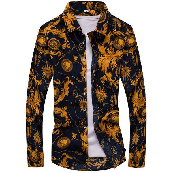 Spring And Autumn Plus Size Men's Trendy Pattern Long Sleeve Shirt Thin Fashion Slim Fit Long Sleeve Shirt Trendy Men-image