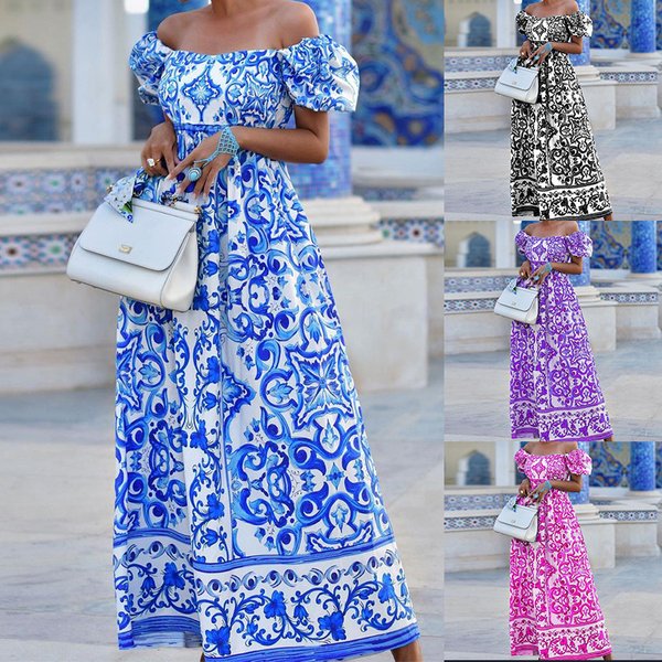 Women's Clothing Temperament One Line Collar High Waisted Bohemian Dress