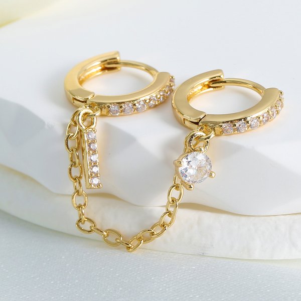Double Ear Piercing Hoop Earrings - Single Row Diamond Studs With Ear Chain Tassel (Celebrity Niche Ear Buckles)-image