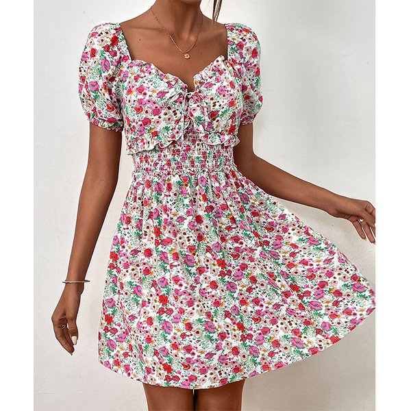 2024 Summer New Floral Short Skirt Waist Tied Bubble Sleeve Sweet Spicy Style Dress-image