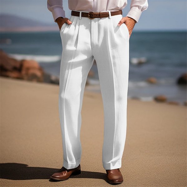 Men's Clothing Men's Linen Trousers Summer Front Pocket Pleated Straight Solid Comfortable Breathable Casual Daily Vacation Fashion Basic-image