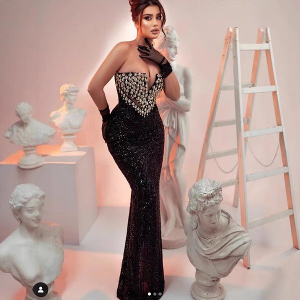 Elegant Sequin Embellished Strapless Bodycon Evening Dress For Parties & Galas – High Waist, Floor-Length, Stretch Polyester Blend – Black