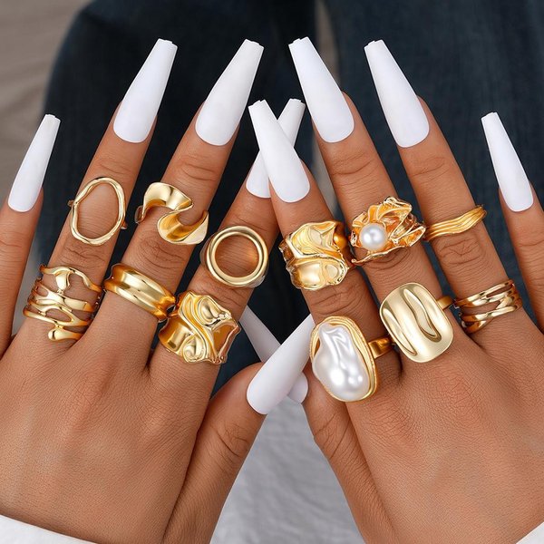 Liquid Metal Glossy Geometric Pearl Resin Ring Set - 12Pcs Baroque Style Stackable Rings For Women, Trendy Ins Fashion Jewelry Gift-image