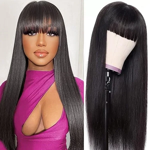 100% Human Hair Straight Wigs With Bangs Brazilian Remy Natural Black Color For Women