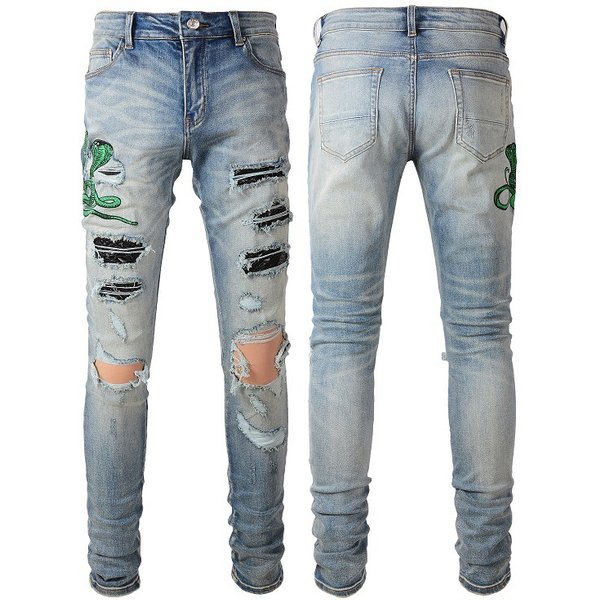 Men's Clothing pleated color matching jeans blue embroidery ripped snakeskin slim fitting men's pants