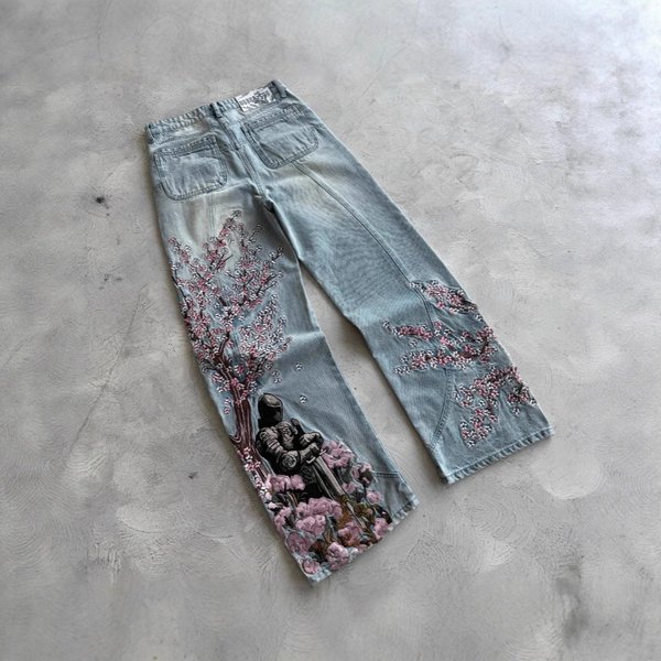 Women's Clothing Plum Blossom Embroidery New Denim Style Street Fashion Embroidered Straight Pants Mid Waist Jeans-image