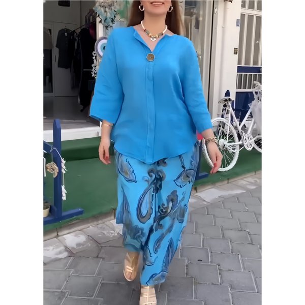 Women’s Clothing autumn fashion loose cotton and linen long sleeved tops casual printed straight pants two piece set