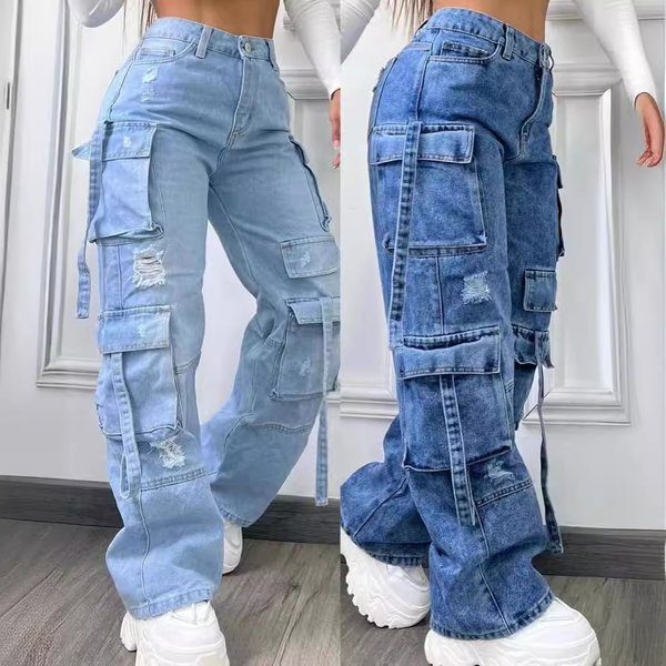 Women's Clothing 2024 New Fashion Solid Color All Match Large Size High Waist Multi Pocket Casual Workwear Denim Trousers For Women-image