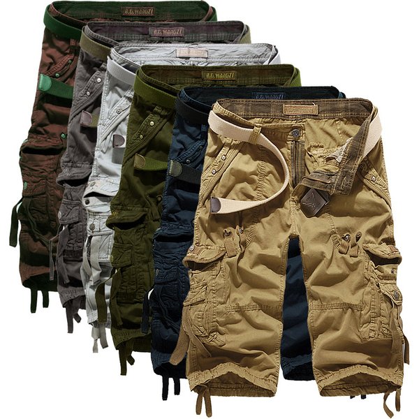 Men's Clothing Men's Loose Multi Pocket Overalls Washed Cropped Pants 7 Point Pants Loose Cotton-image