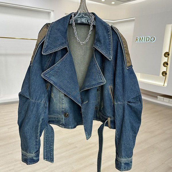 Vintage Distressed Denim Jacket With Leather Accents – Oversized Casual Blazer For Women, Retro Blue, Relaxed Fit, S-3XL