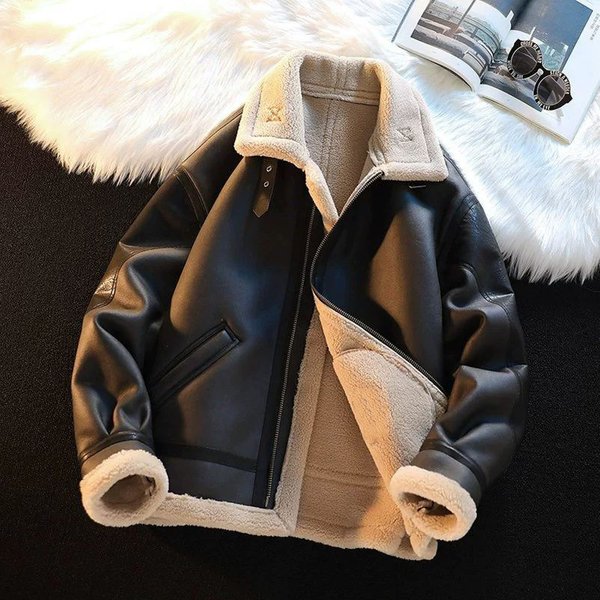 VêTements Pour Hommes Manteau De Fourrure Pour Hommes Hiver Plus Velours ÉPaissir VêTements De Moto Veste En Peau De Cerf à La Mode Manteau En Coton Veste En Cuir D'agneau-image