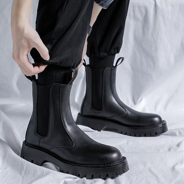 Chelsea Boots Men's High-top Leather Shoes, Cigarette Boots, Martin Boots Men's Velvet Black Boots Men's