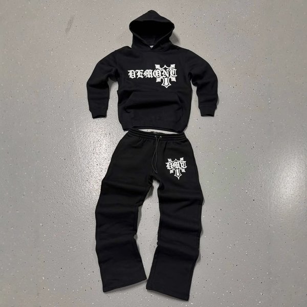 Streetwear Hoodie & Jogger Set - Hip Hop Unisex Pullover With Flocked Lettering, Casual Comfort Fit (Black/Gray, S-XL)