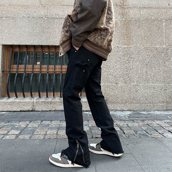 Men's Clothing High Street Vibe Style Zipper Slit Casual Pants Men Ins Trendy Brand Loose Straight Workwear Flared Trousers