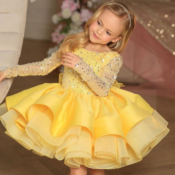White Lace & Sequin Dress For Girls – Long Sleeve Princess Gown For Birthday Parties & Performances (80% Polyester, B-Class Safety, Ruffled Skirt)-image