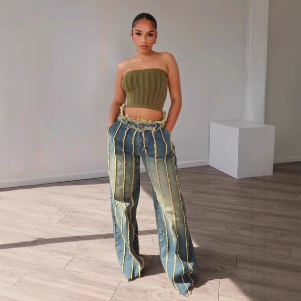 Women's Clothing Women's Denim Stitching Multi Layer Washing And Dyeing Stretch Denim Four Seasons Trousers-image