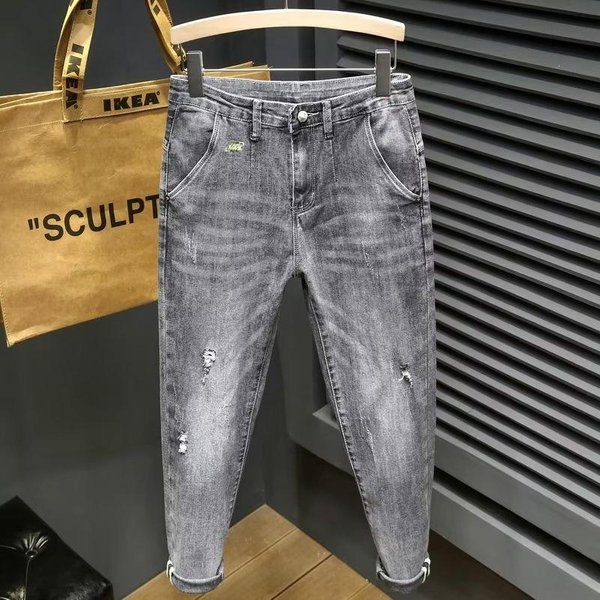 High End Slim Straight Leg Men's Jeans Stretchy Trendy Smoky Gray Printed Trousers For Spring Autumn Versatile Washed Look
