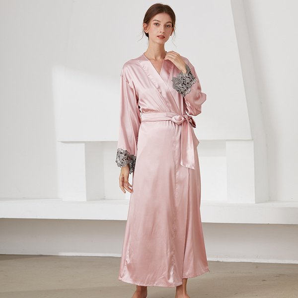 Women's clothing Autumn and winter long women's nightgown, comfortable lace-up silk pajamas and bathrobes, thin cardigan, long-sleeved home clothes