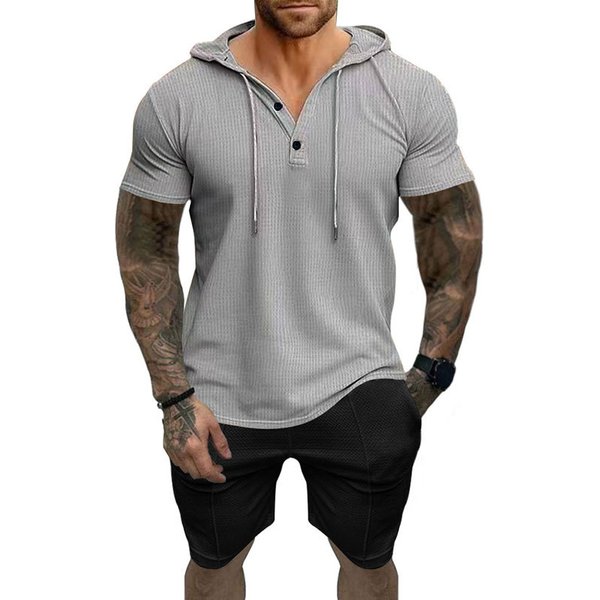 2024 New Summer Men's Casual Short Sleeve Shorts Hoodie Set T-shirt Henley Shirt