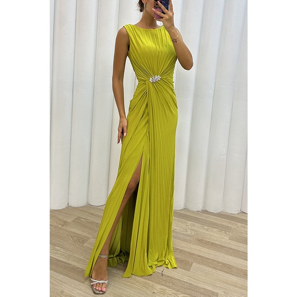 Women's Pleated Slit Casual Dress INS Sleeveless Fashion Dress Evening Dress