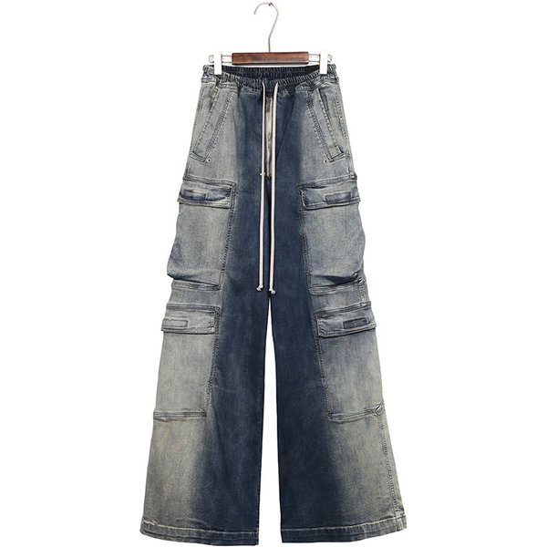 Men's Dark Gradient Denim Cargo Pants Wide Leg Loose Flared Casual Pocket Tooling Jeans For Spring Autumn Summer