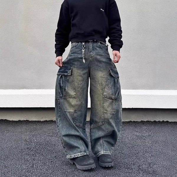 Men's Clothing Fashion Brand Heavyweight Multi Pocket Scimitar Jeans For Men And Women Street Blasting Old Washed Wide Leg Workwear Pants For Couples-image