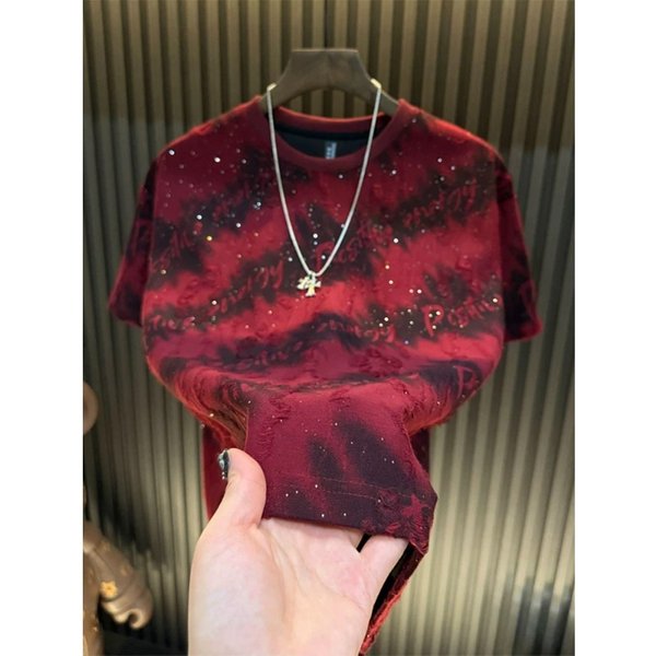 Men's Starry Sky Rhinestones Short Sleeve T-Shirt Ripped Crew Neck Casual Trendy Base Layer New Style-image