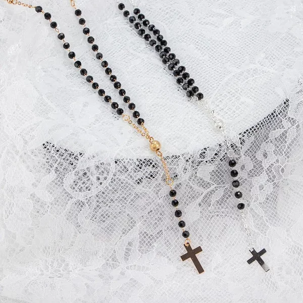 Fashion Simple Long Tassel Cross Pendant Necklaces Handmade Sweater Rosary Beads Choker Chain Lock Necklace Collar-image