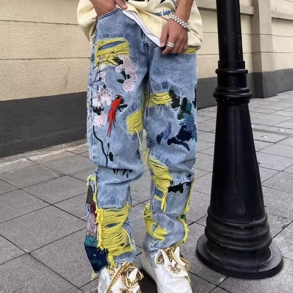 Men's Clothing Street Heavy Embroidery Ripped Jeans Men's Long Pants-image