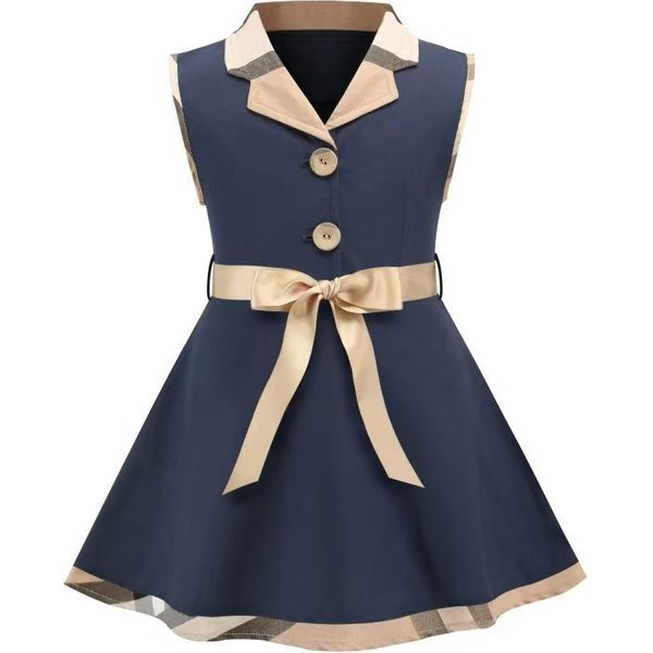 2025 Spring Summer New Style Turn-Down Collar Sleeveless Pure Cotton Patchwork Girls' Tank Plaid Dress-image