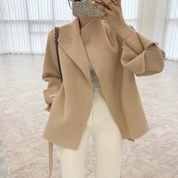 Women's Clothing Thickened Fashionable Simple With Belt Waist Loose Temperament Woolen Coat Jacket Tops-image