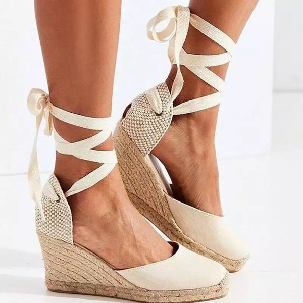 Women's Shoes Summer New Large Size Wedge Heel Women's Sandals Thick Bottom Baotou Baohe Ankle Ring Strap Cloth Rope Sandals Women-image