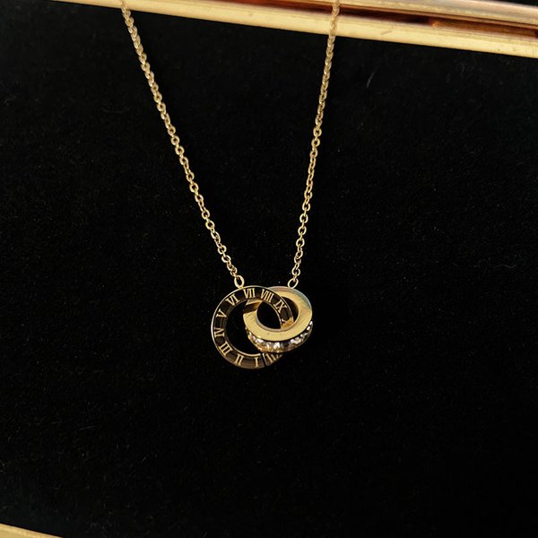 Titanium Steel Colorless Roman Digital Double Ring Necklace Women's Gold Pendant Light Luxury Collarbone Chain Simple-image