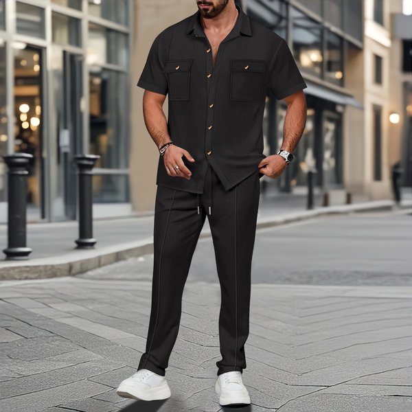 Men's Summer Shirt Set European American Style Solid Color Button Pocket Short Sleeve Two Piece Outfit