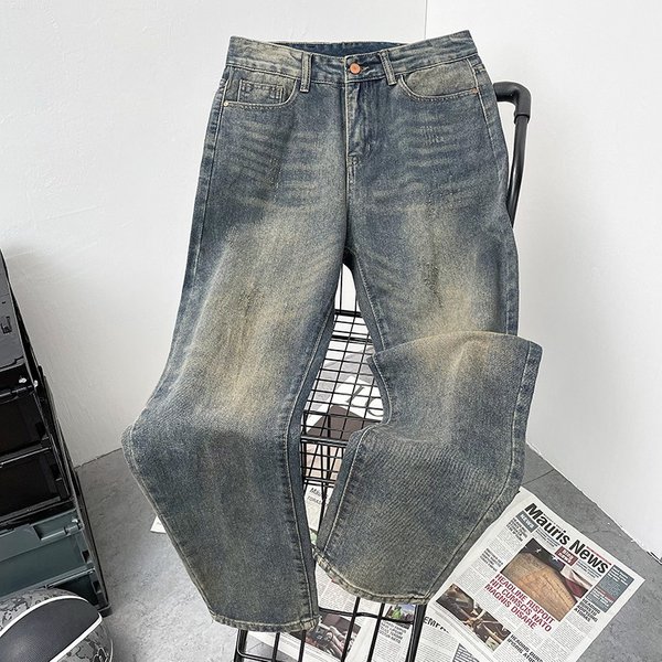 Men's Clothing High Street Fashion Jeans Men Lazy Style Loose Straight Cat Whisker Casual Pants Versatile Wide Leg Pants