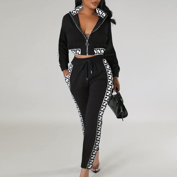 Women's Clothing Spring And Autumn Fashion Casual Suit Navel Baring Zipper Top Pattern Pattern Splicing Pants Two Piece Set For Women-image