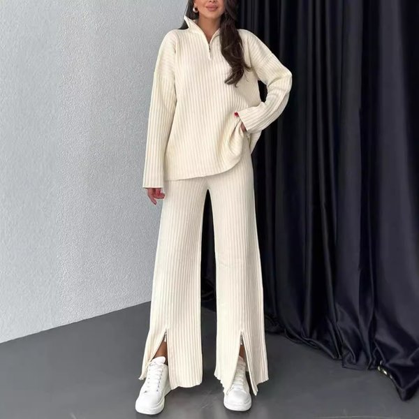 Women's Clothing autumn new women's clothing solid color zipper knitted suit high collar ribbed home clothes two piece suit