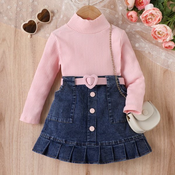 Mother&Kids Girls Solid Color Vest Long Sleeve Shirt Denim Open Bag Pleats Skirt Suit-image