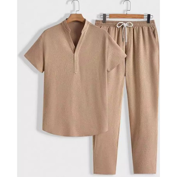 Men's Clothing Men's Casual Sports Suit Short Sleeve Long Pants Solid Color Men-image
