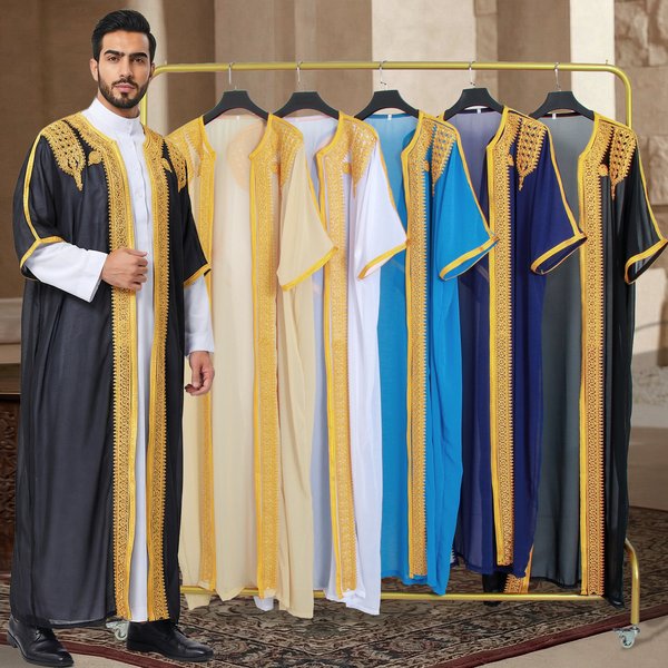 Men's Gold Trimmed Middle Eastern Embroidered Cardigan Short Sleeved Outer Robe Multi Colored Ethnic Style Thobe for Formal Dress And Prayer