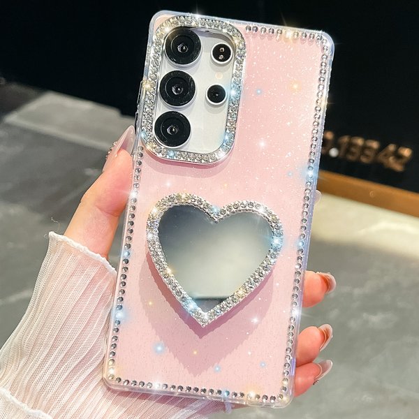 For Samsung Galaxy S24 S25 S26 Plus FE S23 Ultra A07 A17 A16 A36 A56 Luxury Love Heart Mirror Diamond Bling Holder Phone-image