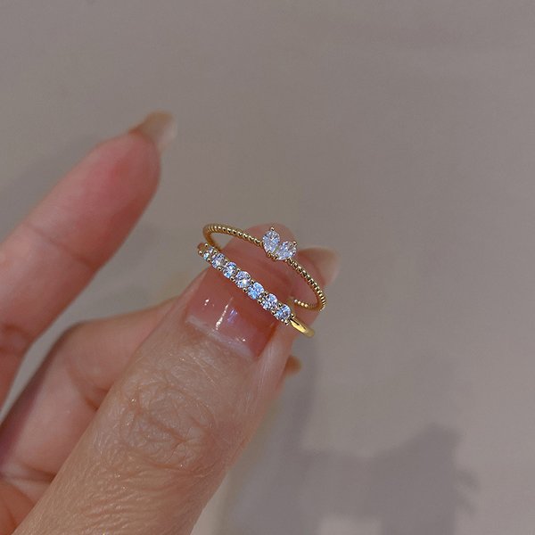 Unisex Jewelry Fashion Heart-Shaped Ring Light Luxury Ring Opening Peach Heart Inlaid Rhinestone Joint Ring-image