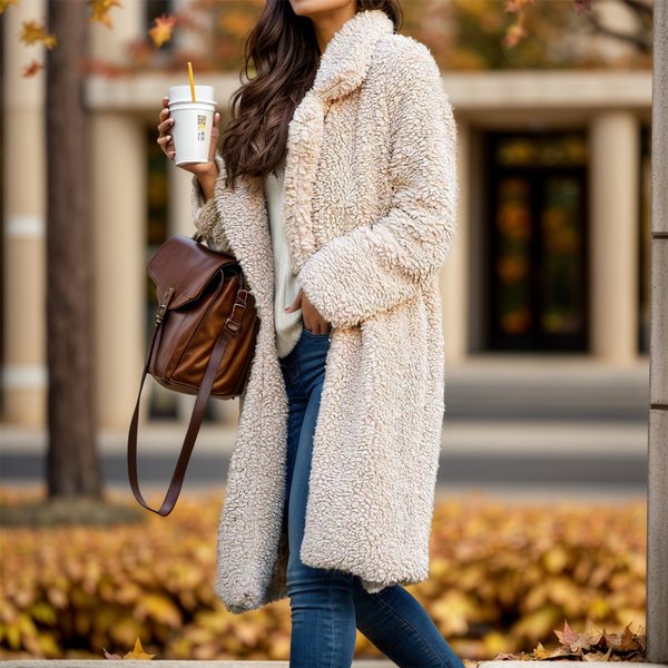 Women's Clothing Long Sleeved Lapel Women's Plush Tops, Extended Coats, Lambskin Double Faced Fleece-image