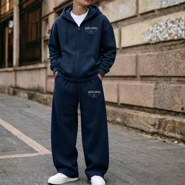 Men's Fleece Sweatshirt And Sweatpants Set Zipper Wide Leg Pants Sports Two-Piece Casual Wear for Spring And Autumn