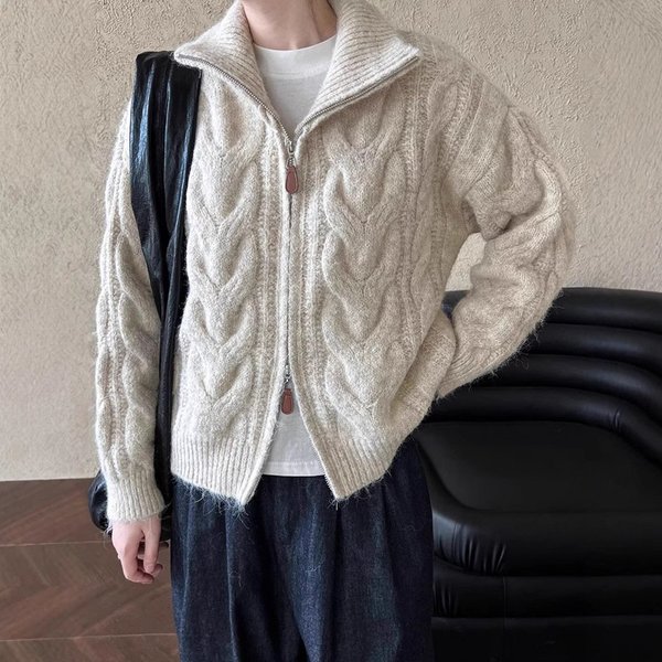 Cozy Oversized Cable Knit Cardigan For Women - Winter Lazy Style Zip-Up Sweater With Shawl Collar, Casual Korean Loose Fit