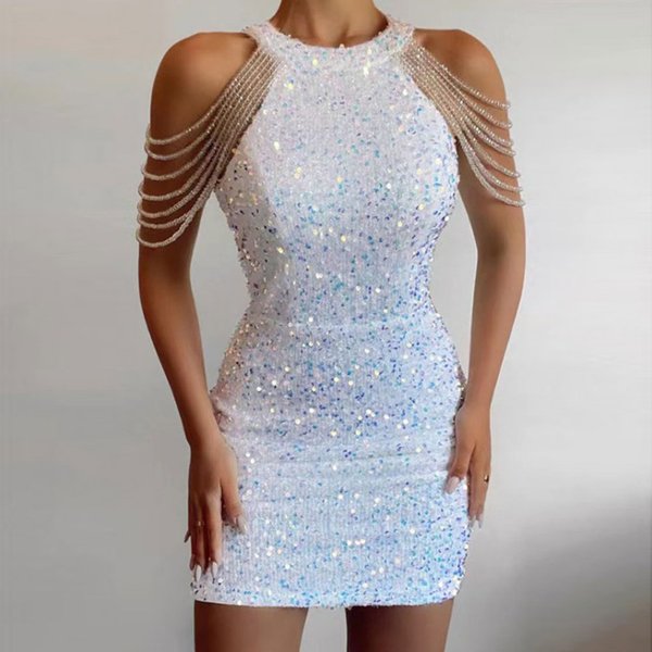 Spring And Summer Halterneck Sexy Crystal Tassel Hip-Covering Sequin Dress Mid-Waist Evening Dress-image